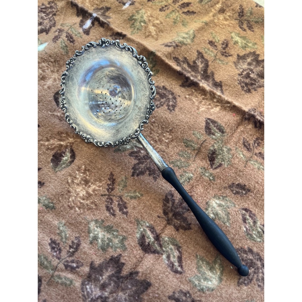 Sterling Silver Tea Strainer Repousse Floral Rim Black Handle 1385 Antique